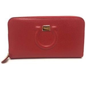Salvatore Ferragamo Gancini Zip Around Long Wallet Leather Red